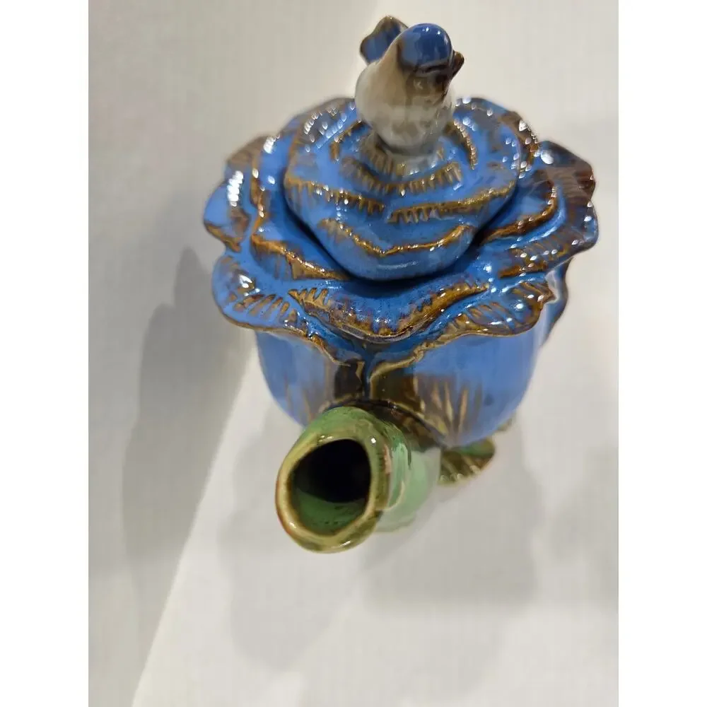 Majolica Style Cabbage Rose Bluebird Finial Ceramic Teapot Floral Decor